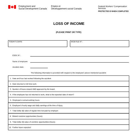 Document preview: Loss of Income Form — Labour, Canada (CERFA n°LAB1082)