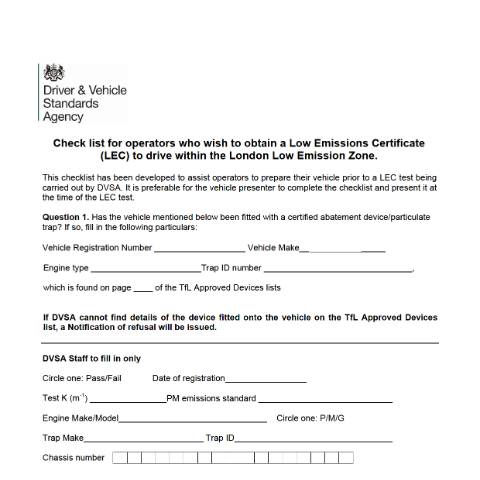 Document preview: Low Emissions Certificate (LEC) test: preparation checklist — Driver and Vehicle Standards Agency, United Kingdom