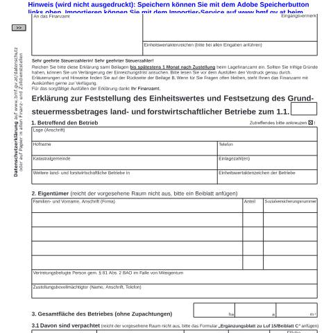 Dokumentvorschau: Luf15 — Erklärung zur Feststellung des Einheitswertes und Festsetzung des Grundsteuermessbetrages land- und forstwirtschaftlicher Betriebe — Steuern, Österreich (CERFA n°Luf15)