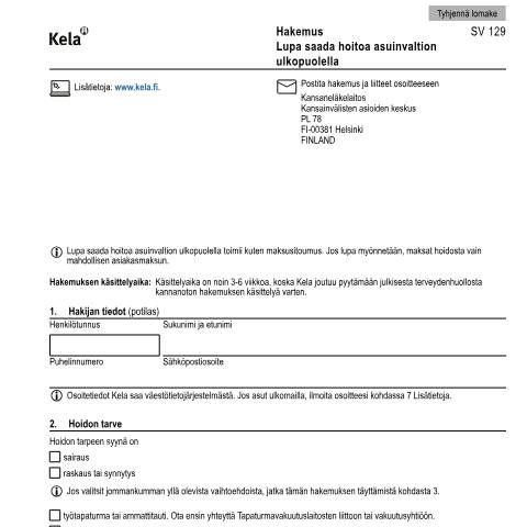 Document preview: Hakemus - Lupa saada hoitoa asuinvaltion ulkopuolella — Sairastaminen, Suomi (CERFA n°Kela SV 129)
