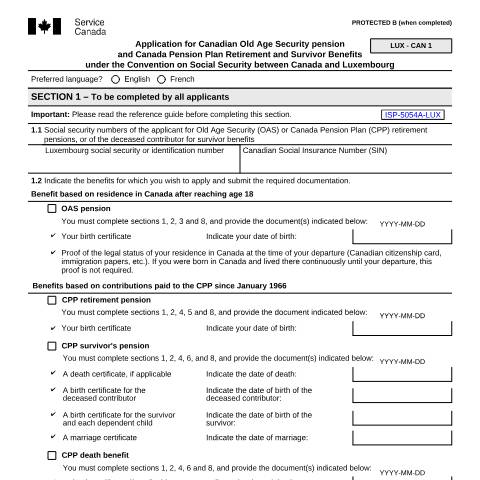 Document preview: Luxembourg/Canada Convention - Application for Canadian Old Age, Retirement and Survivors Benefits — Income Security Programs, Canada (CERFA n°ISP5054-LUX)