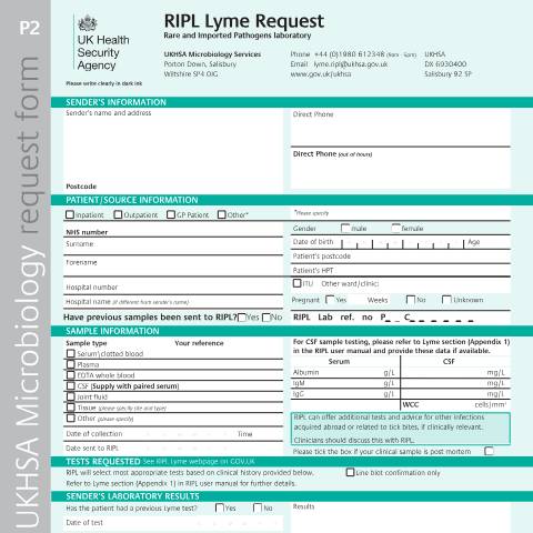 Document preview: Lyme disease test request form — UK Health Security Agency, United Kingdom