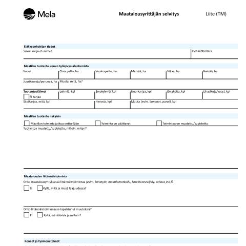Document preview: Maatalousyrittäjän selvitys (Liite TM) Mela — Eläkkeellä, Suomi (CERFA n°Kela 1801 Mela)