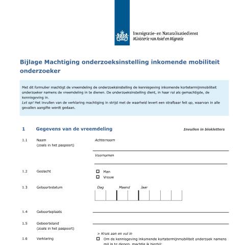 Documentvoorvertoning: Bijlage Machtiging onderzoeksinstelling inkomende mobiliteit onderzoeker — IND — immigratie, Nederland (CERFA n°7157)