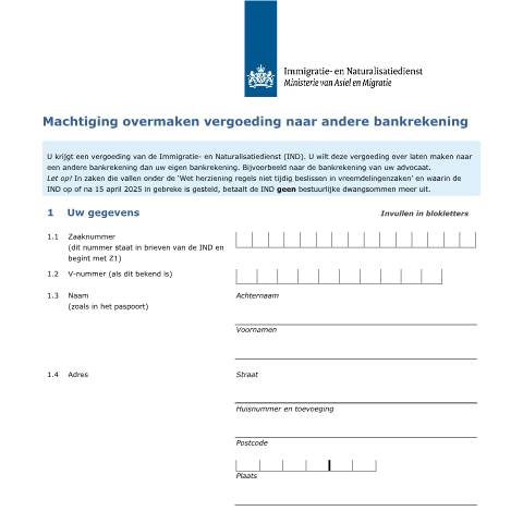 Documentvoorvertoning: Machtiging ontvangst gelden — IND — immigratie, Nederland (CERFA n°9002)