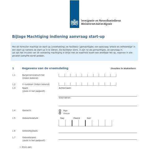 Documentvoorvertoning: Bijlage Machtiging indienen aanvraag start-up — IND — immigratie, Nederland (CERFA n°7152)