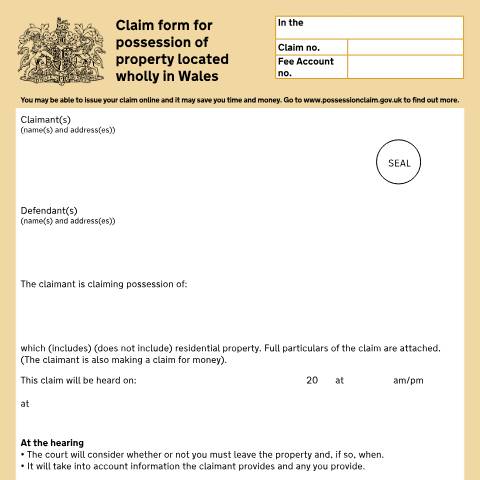 Document preview: Make a claim for possession of property: Form N5 Wales — HM Courts & Tribunals Service, United Kingdom
