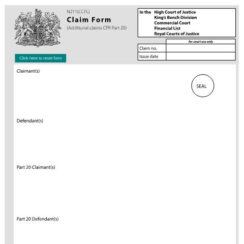 Document preview: Make a claim under CPR Part 20 in the Commercial Court Financial List: Form N211(CCFL) — HM Courts & Tribunals Service, United Kingdom
