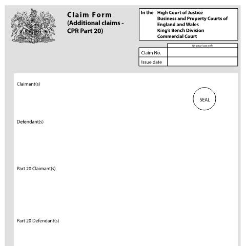 Document preview: Make a claim under CPR Part 20 in the Commercial Court: Form N211(CC) — HM Courts & Tribunals Service, United Kingdom