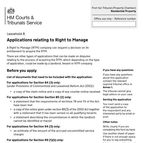 Document preview: Make a right to manage (RTM) application: Form Leasehold 8 — HM Courts & Tribunals Service, United Kingdom