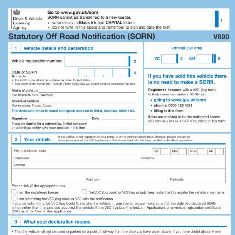 Document preview: Make a statutory off road notification (SORN) (form V890) — Driver and Vehicle Licensing Agency, United Kingdom