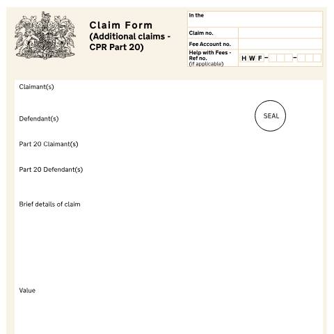 Document preview: Make an additional claim under CPR Part 20: Form N211 — HM Courts & Tribunals Service, United Kingdom