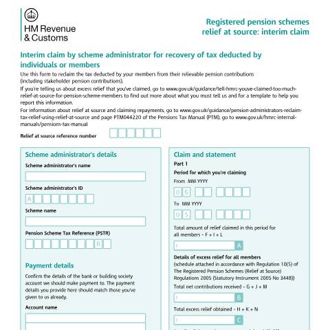 Document preview: Make an interim claim for relief at source on pension contributions (APSS 105) — HM Revenue & Customs, United Kingdom