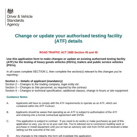 Document preview: Make changes to your authorised testing facility (ATF) — Driver and Vehicle Standards Agency, United Kingdom