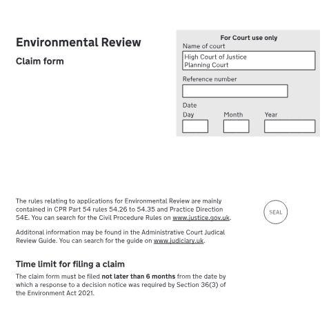 Document preview: Make an environmental review claim: Form N466PC — HM Courts & Tribunals Service, United Kingdom