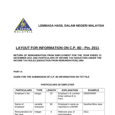 Document preview: Layout for Information on C.P 8D Pin. 2011 — Employer, Malaysia