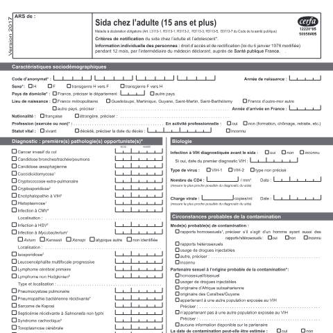 Aperçu du document Maladie à déclaration obligatoire - Sida chez l'adulte (à partir de 15 ans) — Professionnels, France (CERFA n°12220*05)