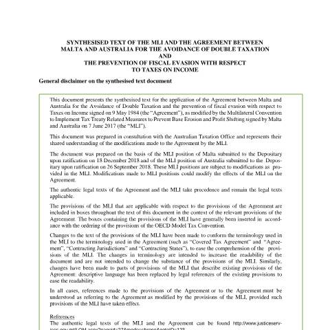 Document preview: Overseas Pensions Double Taxation Agreements — malta---australia-dta-(synthesised-text).pdf — corporate_tax, Malta (CERFA n°malta---australia-dta-(synthesised-text))