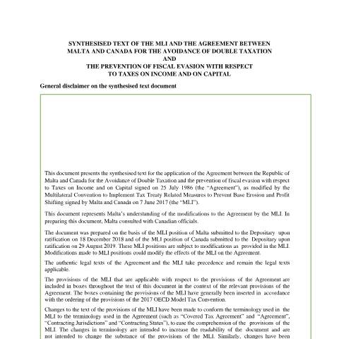 Document preview: Overseas Pensions Double Taxation Agreements — malta---canada-dta-(synthesised-text).pdf — corporate_tax, Malta (CERFA n°malta---canada-dta-(synthesised-text))