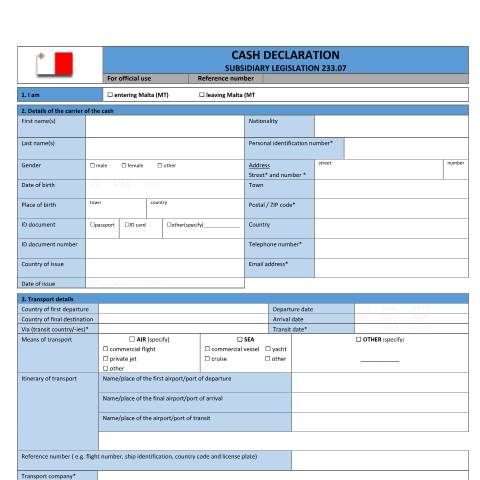 Document preview: Information to Travellers on Cash Declaration — cash-declaration-form---eu.pdf — income_tax, Malta (CERFA n°cash-declaration-form---eu)