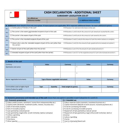 Document preview: Information to Travellers on Cash Declaration — cash-declaration-form-additional-sheet-for-eu.pdf — income_tax, Malta (CERFA n°cash-declaration-form-additional-sheet-for-eu)