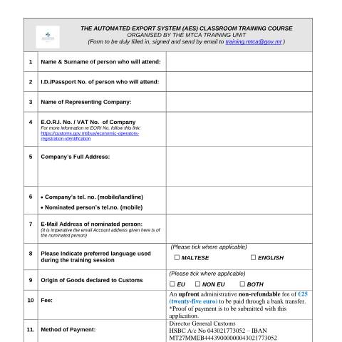 Document preview: CES Training — automated-export-system-course---classroom-based-application-form.pdf — income_tax, Malta (CERFA n°automated-export-system-course---classroom-based-application)