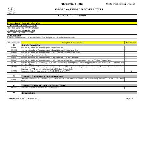 Document preview: Customs Electronic Systems (CES) — procedure-codes-(2023-10-18)ddf342d3-6b39-4b11-9a17-81e9fe72e337.pdf — customs_excise, Malta (CERFA n°procedure-codes-(2023-10-18)ddf342d3-6b39-4b11-9a17-81e9fe72)