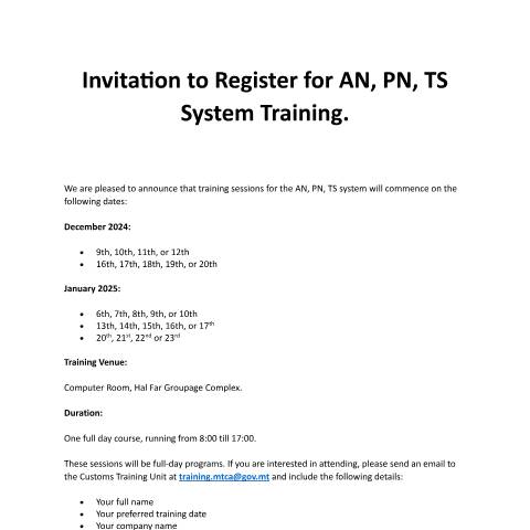Document preview: AN-PN-TS System — invitation-to-register-for-anpnts-training-26-11-24.pdf — customs_excise, Malta (CERFA n°invitation-to-register-for-anpnts-training-26-11-24)