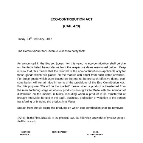 Document preview: ECO on Products — 13-notice---removal-of-eco-contribution---140217.pdf — corporate_tax, Malta (CERFA n°13-notice---removal-of-eco-contribution---140217)