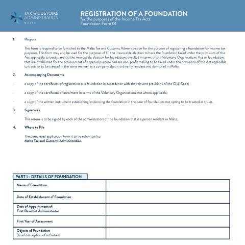 Document preview: Downloads — foundations_registration_form.pdf — corporate_tax, Malta (CERFA n°foundations_registration_form)