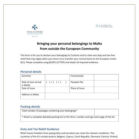 Document preview: Importation into Malta of Used Household and Personal Belongings Upon Transfer of Residence from a Non EU Country — malta_personal_belongings_declaration_complete_fillable-(002).pdf — income_tax, Malta (CERFA n°malta_personal_belongings_declaration_complete_fillable-(002)