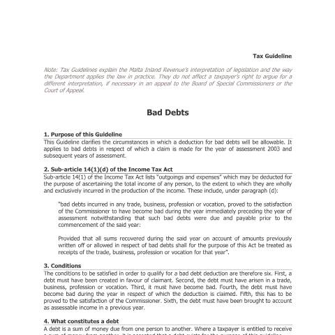 Document preview: Tax Guidelines — bad_debts_guide.pdf — income_tax, Malta (CERFA n°bad_debts_guide)