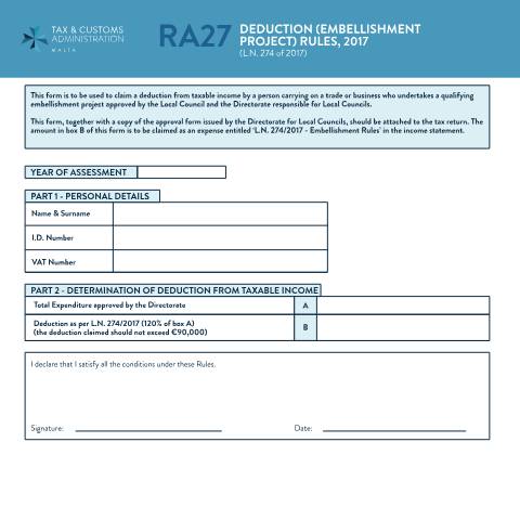 Document preview: RA Forms — ra27---deduction-(embellishment-project)-rules.pdf — income_tax, Malta (CERFA n°ra27---deduction-(embellishment-project)-rules)