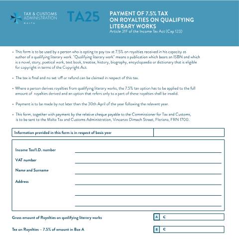 Document preview: Downloads — ta25-eng2.pdf — income_tax, Malta (CERFA n°ta25)