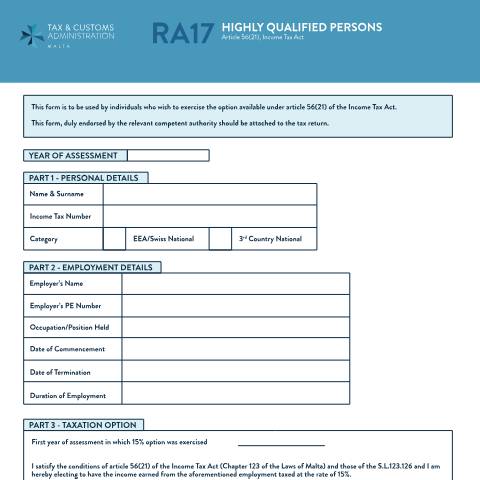 Document preview: RA Forms — mtca-ra17-eng.pdf — income_tax, Malta (CERFA n°mtca-ra17-eng)