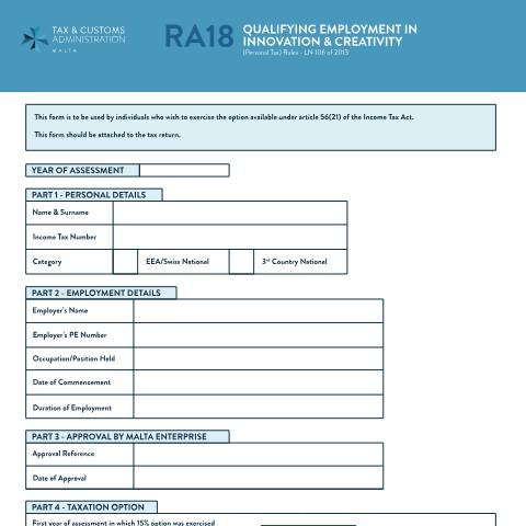 Document preview: RA Forms — mtca-ra18-eng.pdf — income_tax, Malta (CERFA n°mtca-ra18-eng)