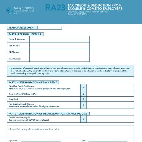 Document preview: RA Forms — mtca-ra23-mlt-eng.pdf — income_tax, Malta (CERFA n°mtca-ra23-mlt-eng)