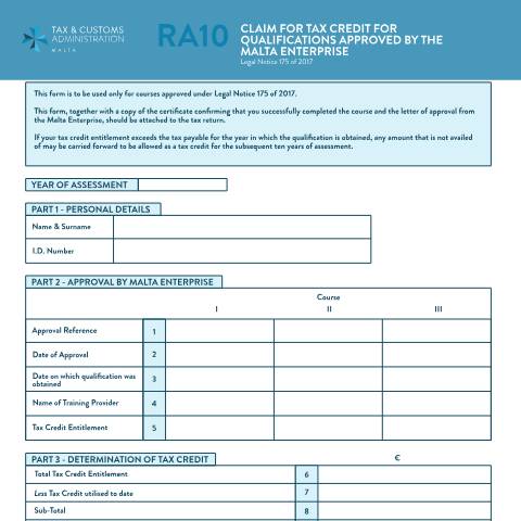 Document preview: RA Forms — mtca-ra10-mlt-eng.pdf — income_tax, Malta (CERFA n°mtca-ra10-mlt-eng)