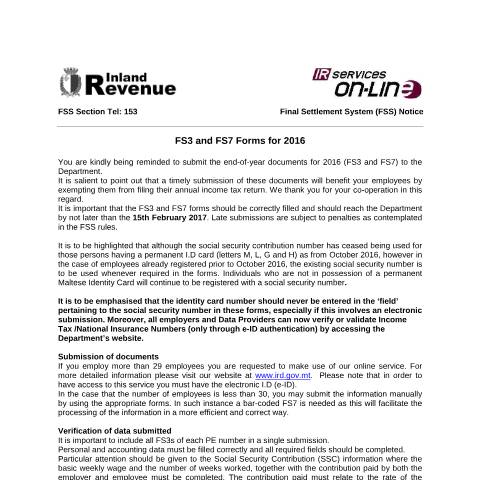 Document preview: FSS Circular Archives — fss_circular_2016.pdf — payroll_social_security, Malta (CERFA n°fss_circular_2016)