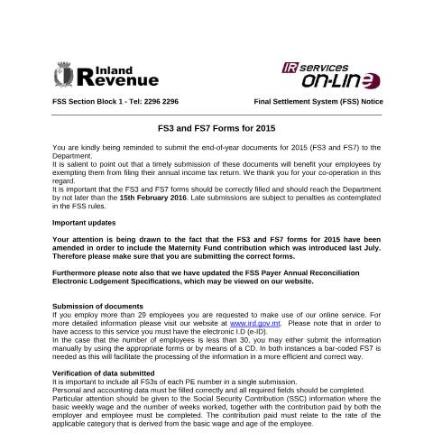 Document preview: FSS Circular Archives — fss_circular_2015.pdf — payroll_social_security, Malta (CERFA n°fss_circular_2015)