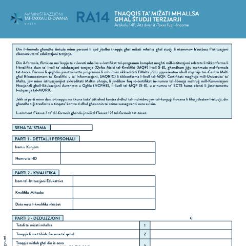 Document preview: RA Forms — ra14-deductions-for-fees-paid-in-respect-of-tertiary-studies.pdf — income_tax, Malta (CERFA n°ra14-deductions-for-fees-paid-in-respect-of-tertiary-studies)