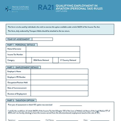 Document preview: RA Forms — ra21-qualifying-employment-in-aviation.pdf — income_tax, Malta (CERFA n°ra21-qualifying-employment-in-aviation)