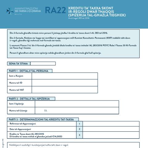 Document preview: RA Forms — ra22--tax-credit-in-terms-of-the-deductions-and-tax-credits-(pharmacy-of-your-choice).pdf — income_tax, Malta (CERFA n°ra22--tax-credit-in-terms-of-the-deductions-and-tax-credits-)