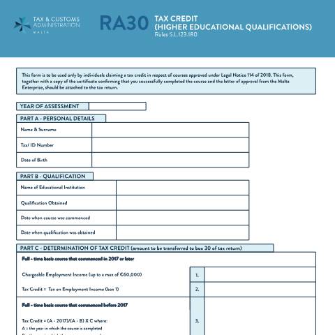 Document preview: RA Forms — ra30---tax-credit-(higher-education-qualification).pdf — income_tax, Malta (CERFA n°ra30---tax-credit-(higher-education-qualification))