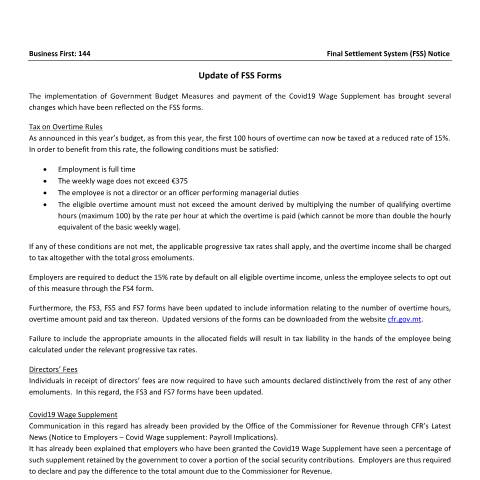 Document preview: FSS Circular Archives — update-of-fss-forms.pdf — payroll_social_security, Malta (CERFA n°update-of-fss-forms)