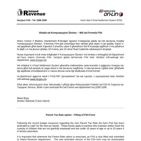 Document preview: FSS Circular Archives — fss_parentrates.pdf — payroll_social_security, Malta (CERFA n°fss_parentrates)