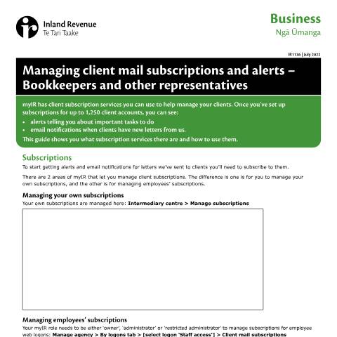 Document preview: Managing client mail subscriptions and alerts - Bookkeepers and other representatives — Other, New Zealand (CERFA n°IR1136)