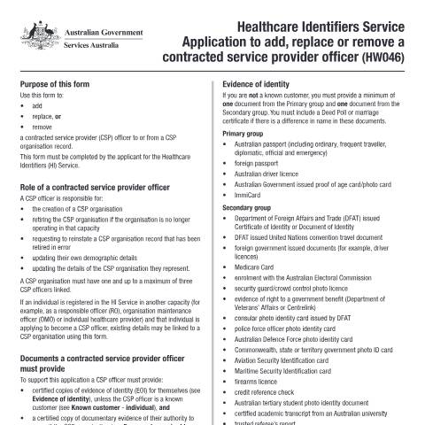 Document preview: HI Service - application to add, replace or remove a contracted service provider officer form (HW046) — Services Australia — Health professionals, Australia (CERFA n°HW046)