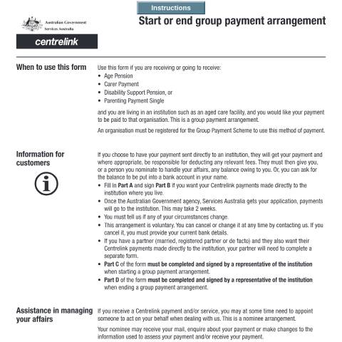 Document preview: Start or end group payment arrangement — Services Australia — Individuals (by code), Australia (CERFA n°SS270)
