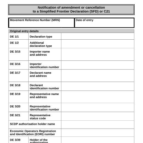Document preview: Change or cancel a Simplified Frontier Declaration — HM Revenue & Customs, United Kingdom